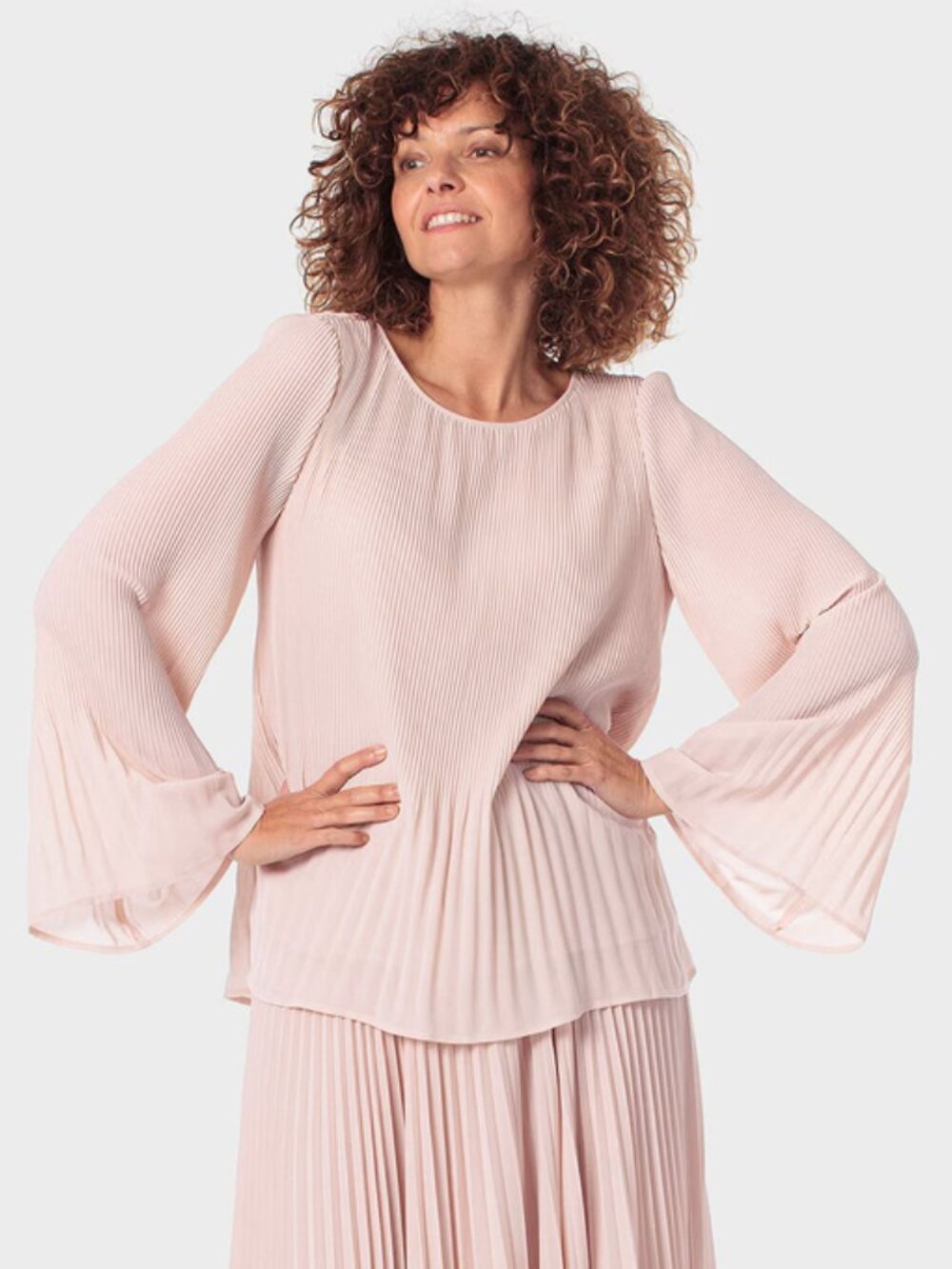Max Studio Bell Sleeve Blouse Petal Pink Sheer Layer Accordion Pleat 70s Top